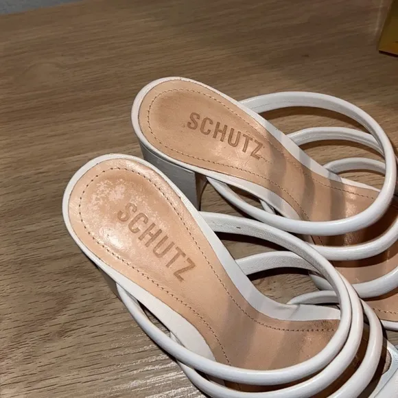 Schutz Felisa‎ Strappy White Leather Block Heel Sandals Size 5.5