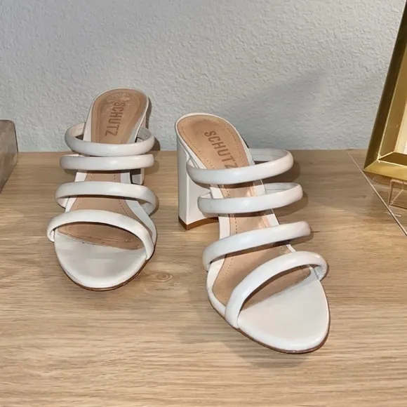 Schutz Felisa‎ Strappy White Leather Block Heel Sandals Size 5.5