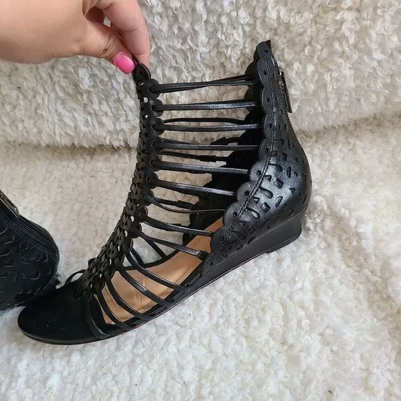 Schutz Freida Laser Cut Leather‎ Low Wedge Sandals