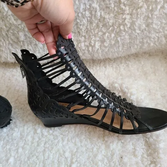 Schutz Freida Laser Cut Leather‎ Low Wedge Sandals