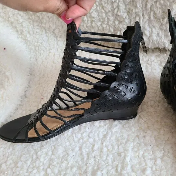 Schutz Freida Laser Cut Leather‎ Low Wedge Sandals