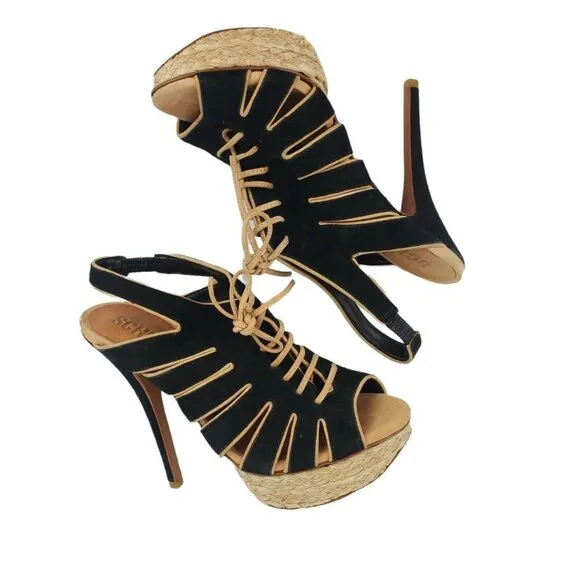 SCHUTZ High Heel Platform Sandals Black Suede Lace Up Size US 6 B