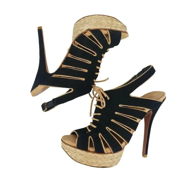 SCHUTZ High Heel Platform Sandals Black Suede Lace Up Size US 6 B