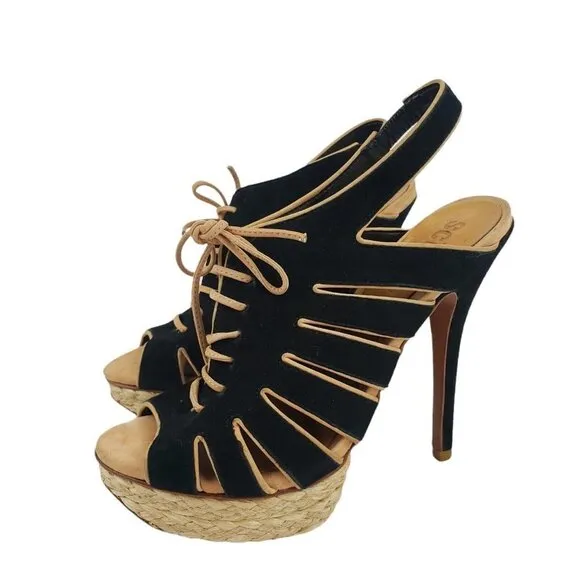 SCHUTZ High Heel Platform Sandals Black Suede Lace Up Size US 6 B