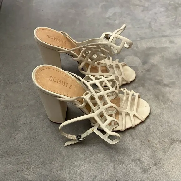 SCHUTZ Jaden Pearl Off White Caged Leather Block Heel Sandals