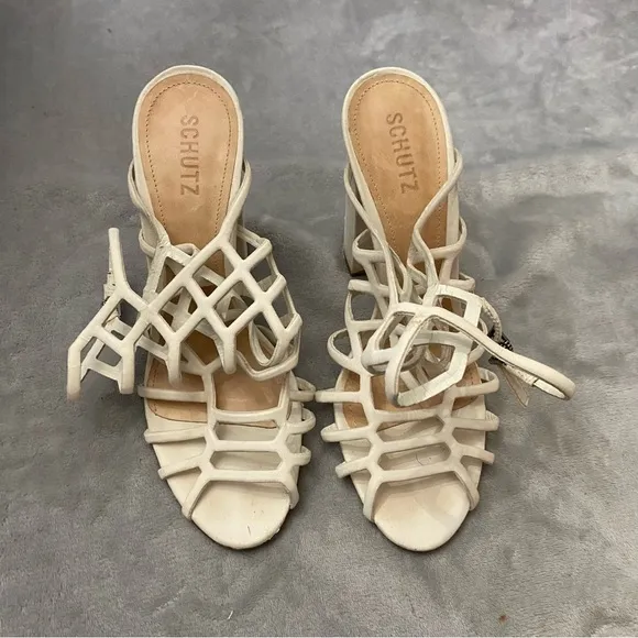 SCHUTZ Jaden Pearl Off White Caged Leather Block Heel Sandals