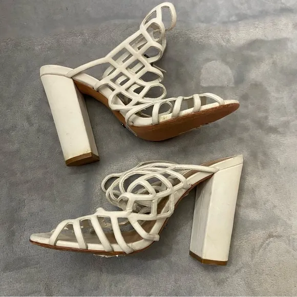SCHUTZ Jaden Pearl Off White Caged Leather Block Heel Sandals