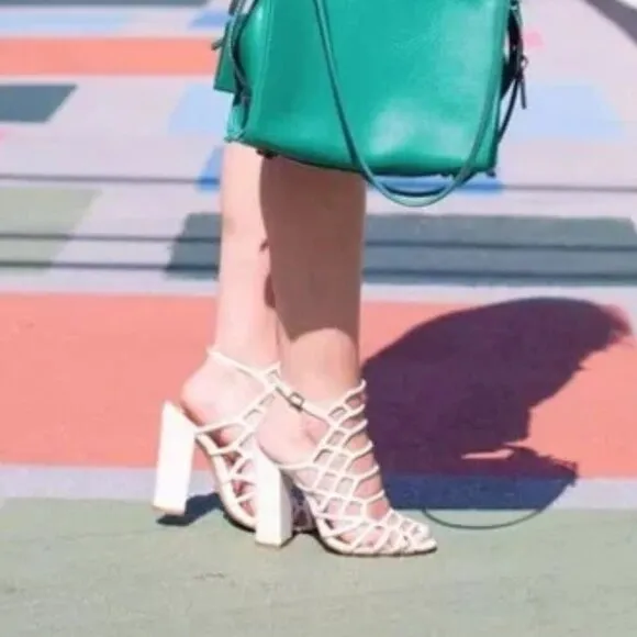 SCHUTZ Jaden Pearl Off White Caged Leather Block Heel Sandals