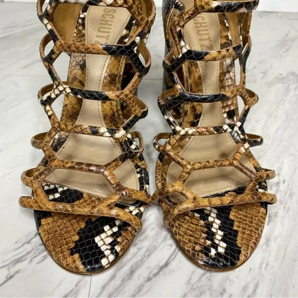 Schutz Julianna Block Heel Cage Snake Leather Sandal 7 1/2 B