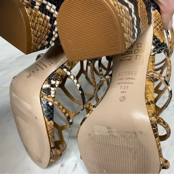 Schutz Julianna Block Heel Cage Snake Leather Sandal 7 1/2 B