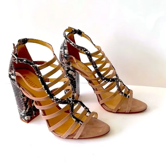 Schutz 'Kaye' Snakeskin-Print Strappy Sandals, Light Pink, 8B