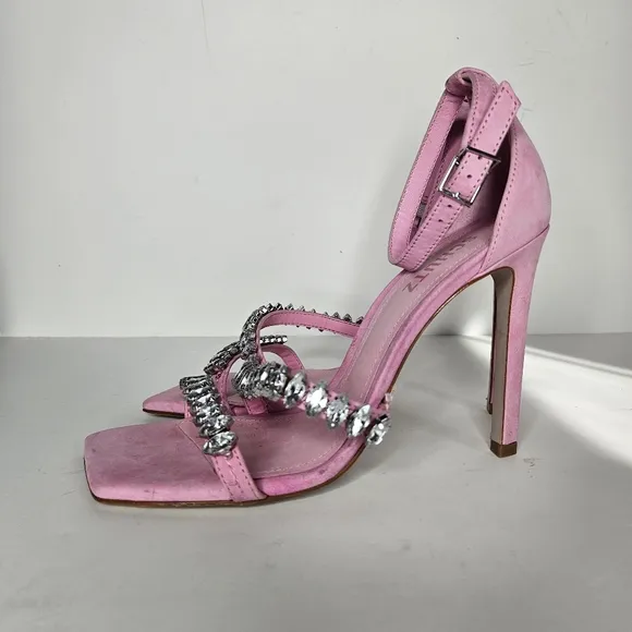 SCHUTZ Linsey Crystal-Embellished Nubuck Sandals in Club Rose  Size 9B