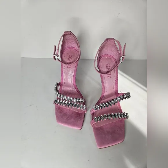SCHUTZ Linsey Crystal-Embellished Nubuck Sandals in Club Rose  Size 9B