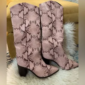SCHUTZ Maryana Block Heel Knee Snake Python Cowboy Boot Rose 8.5