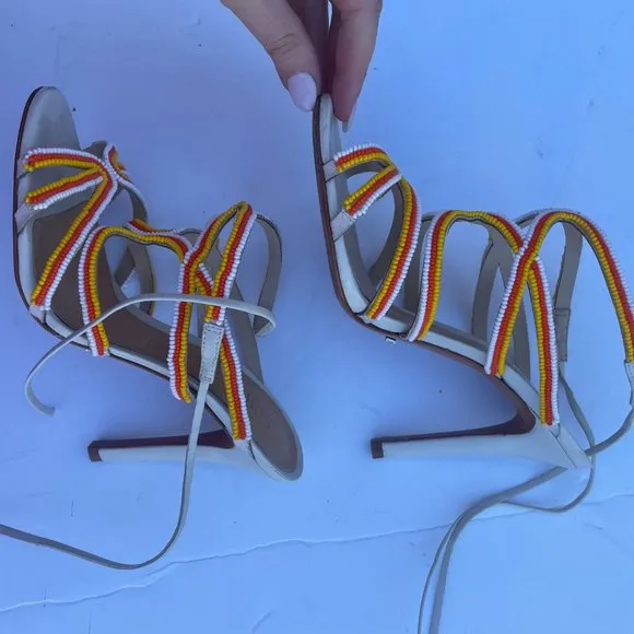 Schutz Meera Strappy Sandals Ankle Strap Tri-color Beaded High Stiletto Heels