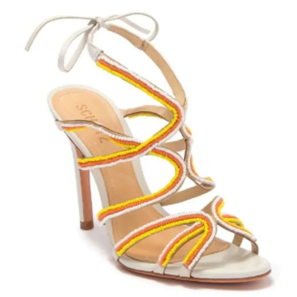 Schutz Meera Strappy Sandals Ankle Strap Tri-color Beaded High Stiletto Heels