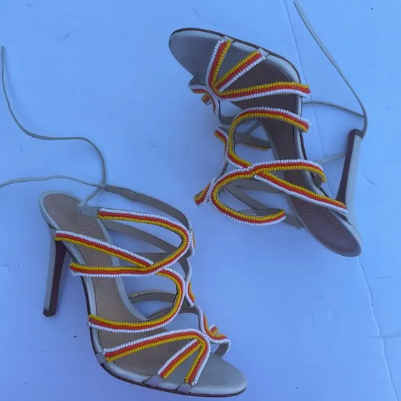 Schutz Meera Strappy Sandals Ankle Strap Tri-color Beaded High Stiletto Heels