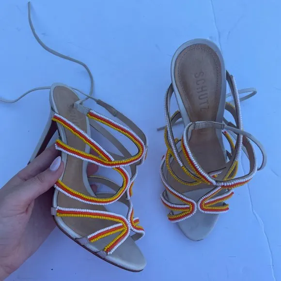 Schutz Meera Strappy Sandals Ankle Strap Tri-color Beaded High Stiletto Heels