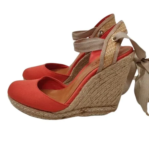 Schutz Orange Canvas Wedge Heel Ballerina Espadrille Sandals Size 6