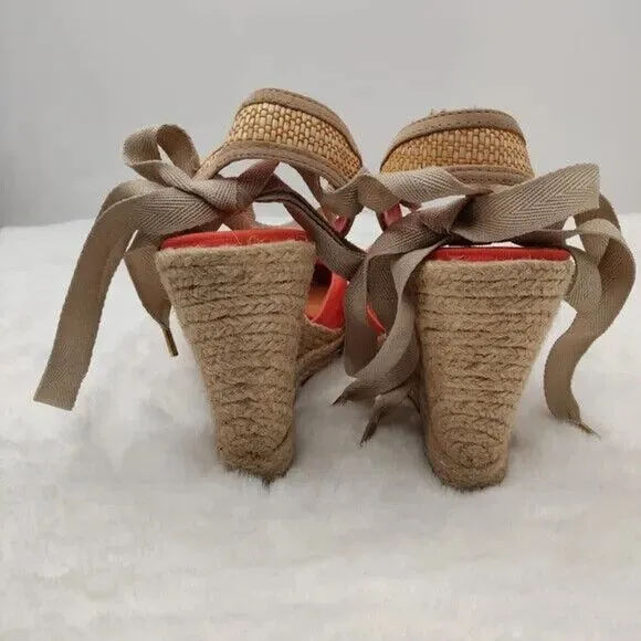 Schutz Orange Canvas Wedge Heel Ballerina Espadrille Sandals Size 6