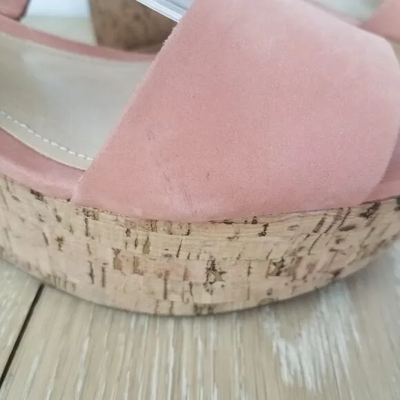 Schutz | Pink Suede Cork Wedge Sandals 8