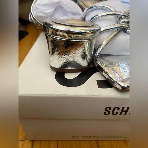 Schutz Rachel Mules shoes sandals silver strappy low heels party Revolve 10