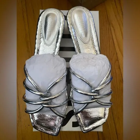 Schutz Rachel Mules shoes sandals silver strappy low heels party Revolve 10
