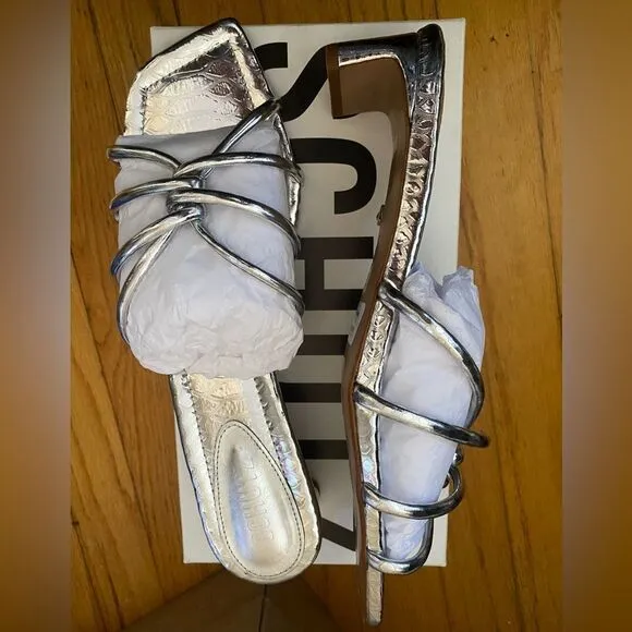 Schutz Rachel Mules shoes sandals silver strappy low heels party Revolve 10