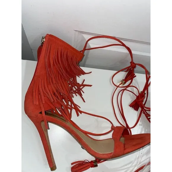 Schutz Salto Alto Coral Suede Fringe High Heel Sandals size 11 Never Worn