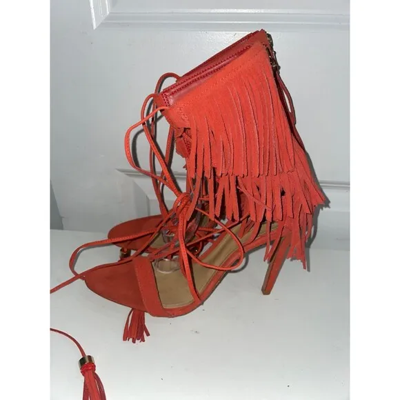 Schutz Salto Alto Coral Suede Fringe High Heel Sandals size 11 Never Worn