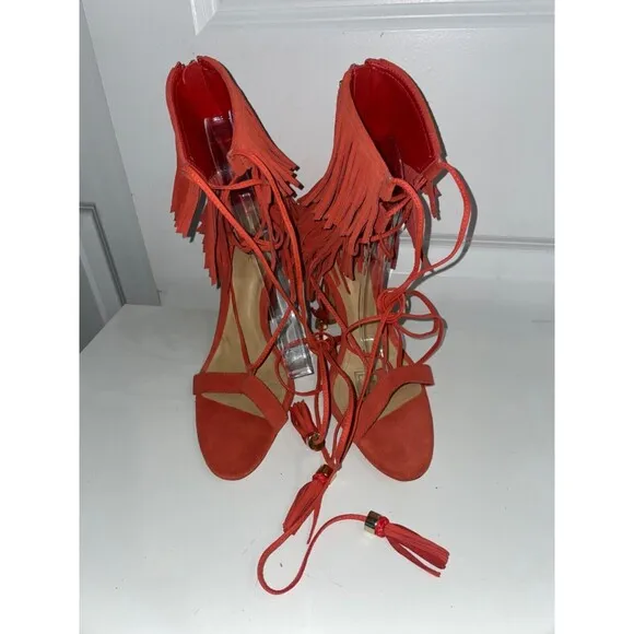 Schutz Salto Alto Coral Suede Fringe High Heel Sandals size 11 Never Worn