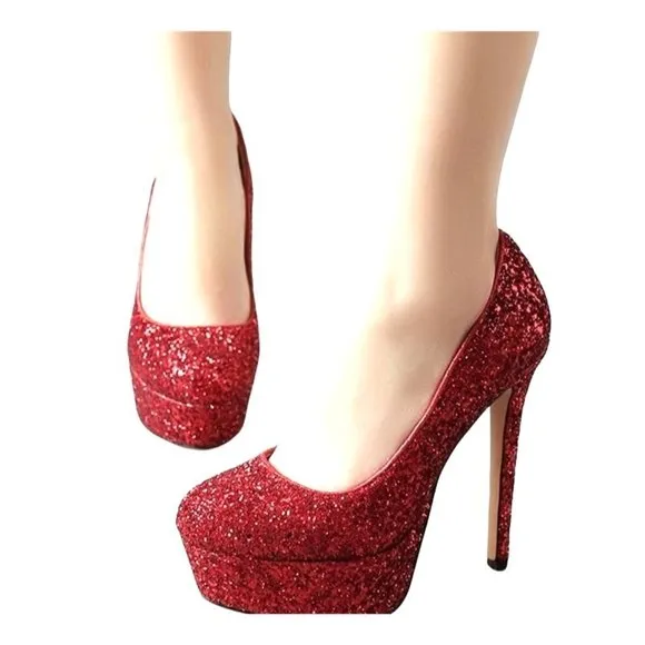 Schutz Stilletos Red Glitter Platform High Heels Lux Glam Party Shoes Size 5B
