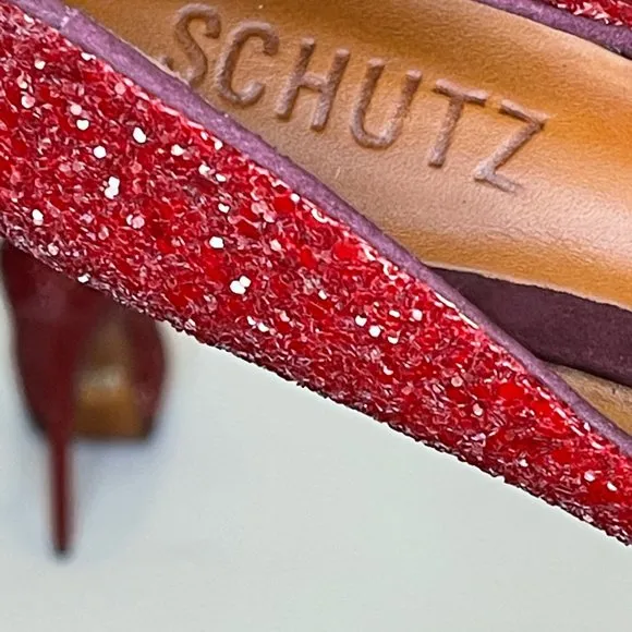 Schutz Stilletos Red Glitter Platform High Heels Lux Glam Party Shoes Size 5B