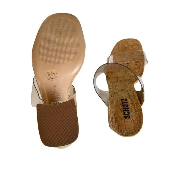 Schutz Victorie Beige Cork &amp; Transparent Vinyl Block Heel Sandals Womens Size 10