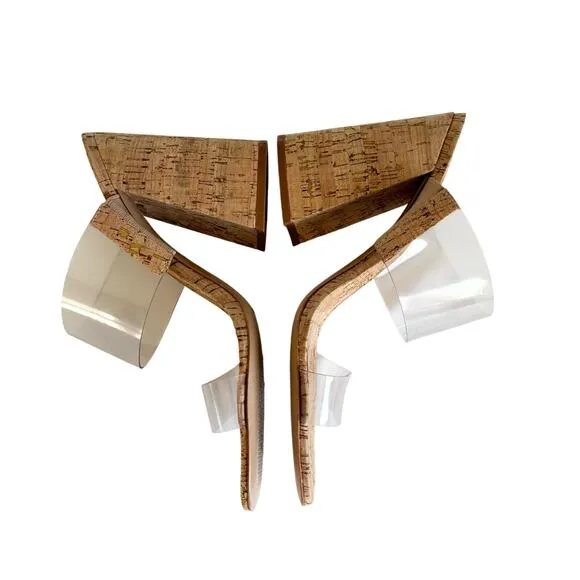 Schutz Victorie Beige Cork &amp; Transparent Vinyl Block Heel Sandals Womens Size 10