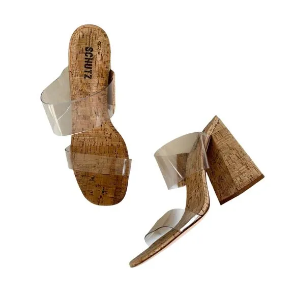 Schutz Victorie Beige Cork &amp; Transparent Vinyl Block Heel Sandals Womens Size 10
