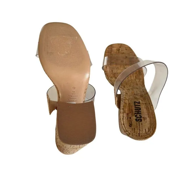 Schutz Victorie Beige Cork &amp; Transparent Vinyl Block Heel Sandals Womens Size 10