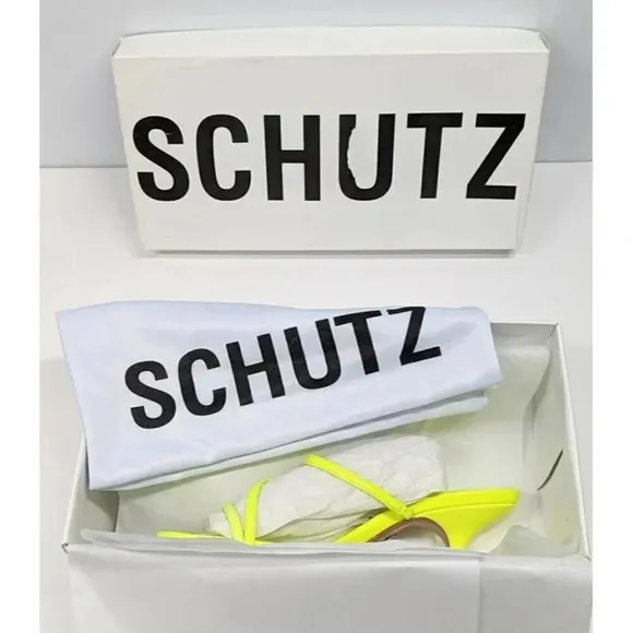 Schutz Women's Evenise Neon Yellow Kitten Heel Sandals Size 6.5 B (MSRP $160)