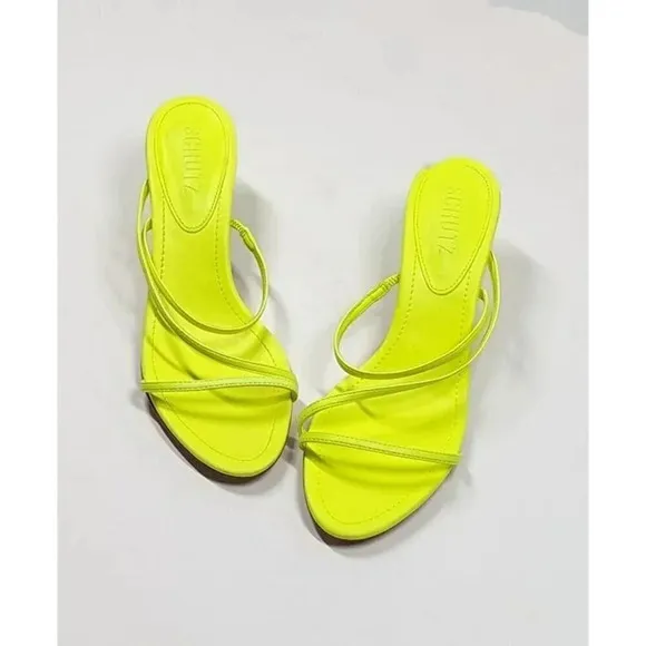 Schutz Women's Evenise Neon Yellow Kitten Heel Sandals Size 6.5 B (MSRP $160)