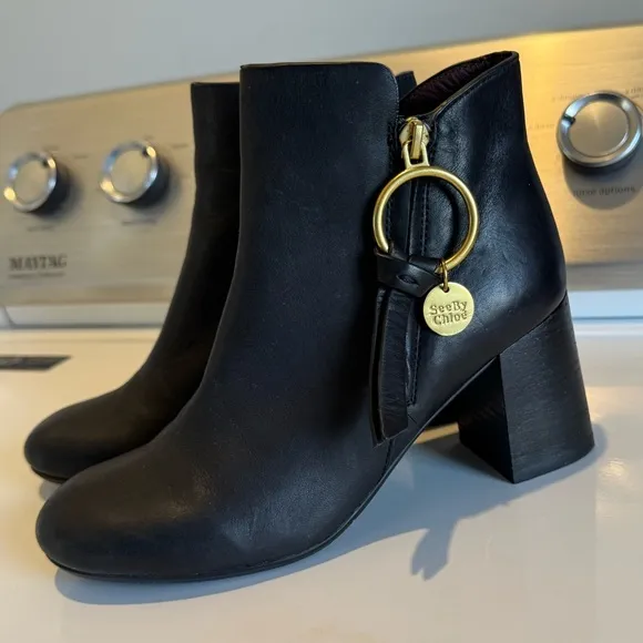 See by Chloé Louise Block-Heel Leather Ankle Boots Black
