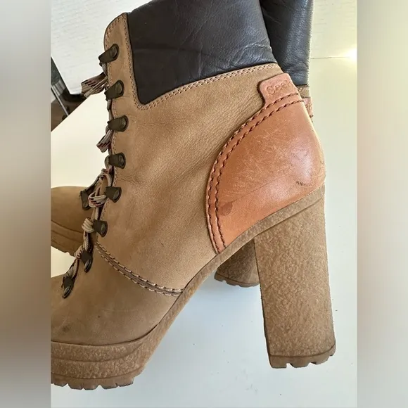 See by Chloe Eileen Tan Lace Up Block Heel Logger Style Boots Size 39