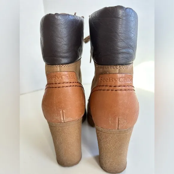 See by Chloe Eileen Tan Lace Up Block Heel Logger Style Boots Size 39