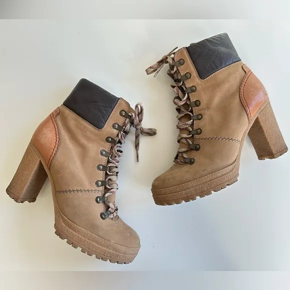 See by Chloe Eileen Tan Lace Up Block Heel Logger Style Boots Size 39