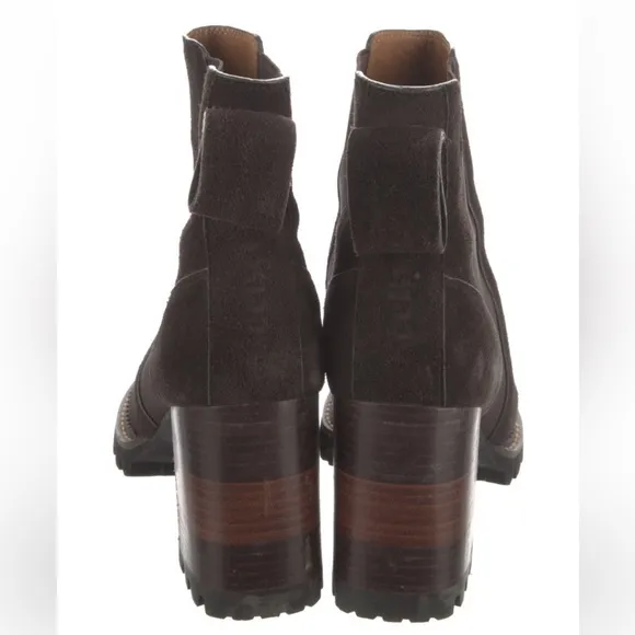 See by Chloe suede, block heel ankle boots in chocolate brown, size 9-1/2