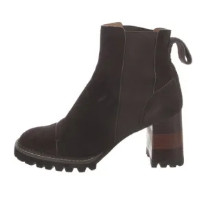 See by Chloe suede, block heel ankle boots in chocolate brown, size 9-1/2