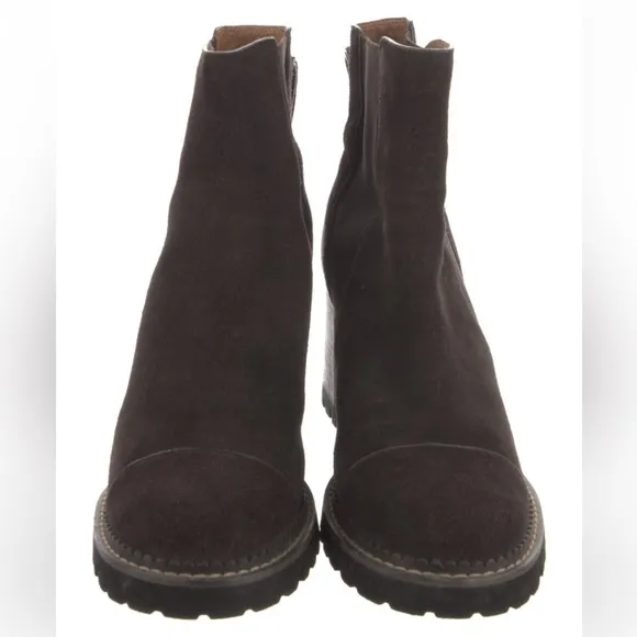 See by Chloe suede, block heel ankle boots in chocolate brown, size 9-1/2