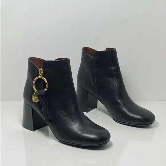 See by Chloé Louise Block-Heel Leather Ankle Boots size 36
