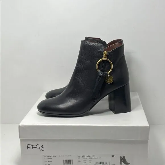 See by Chloé Louise Block-Heel Leather Ankle Boots size 36