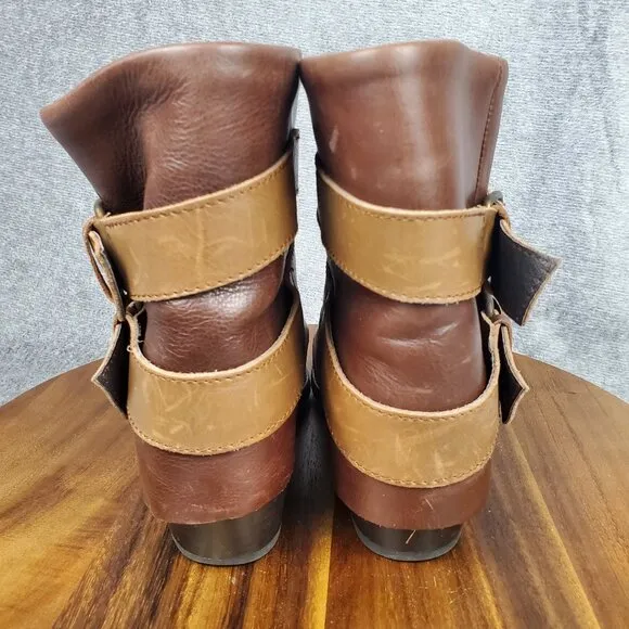 Sendra Boots Womens 6.5 Brown Leather Block Heel Pull On Double Buckle Fold Over