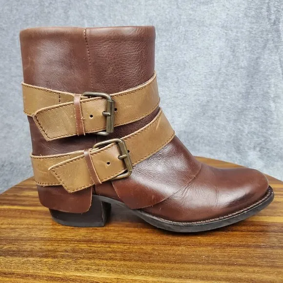 Sendra Boots Womens 6.5 Brown Leather Block Heel Pull On Double Buckle Fold Over